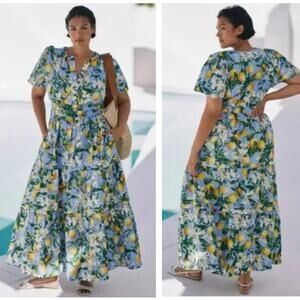 ANTHROPOLOGIE Somerset Maxi Dress Lemon Print Amalfi Coast Sz XL {3E50}